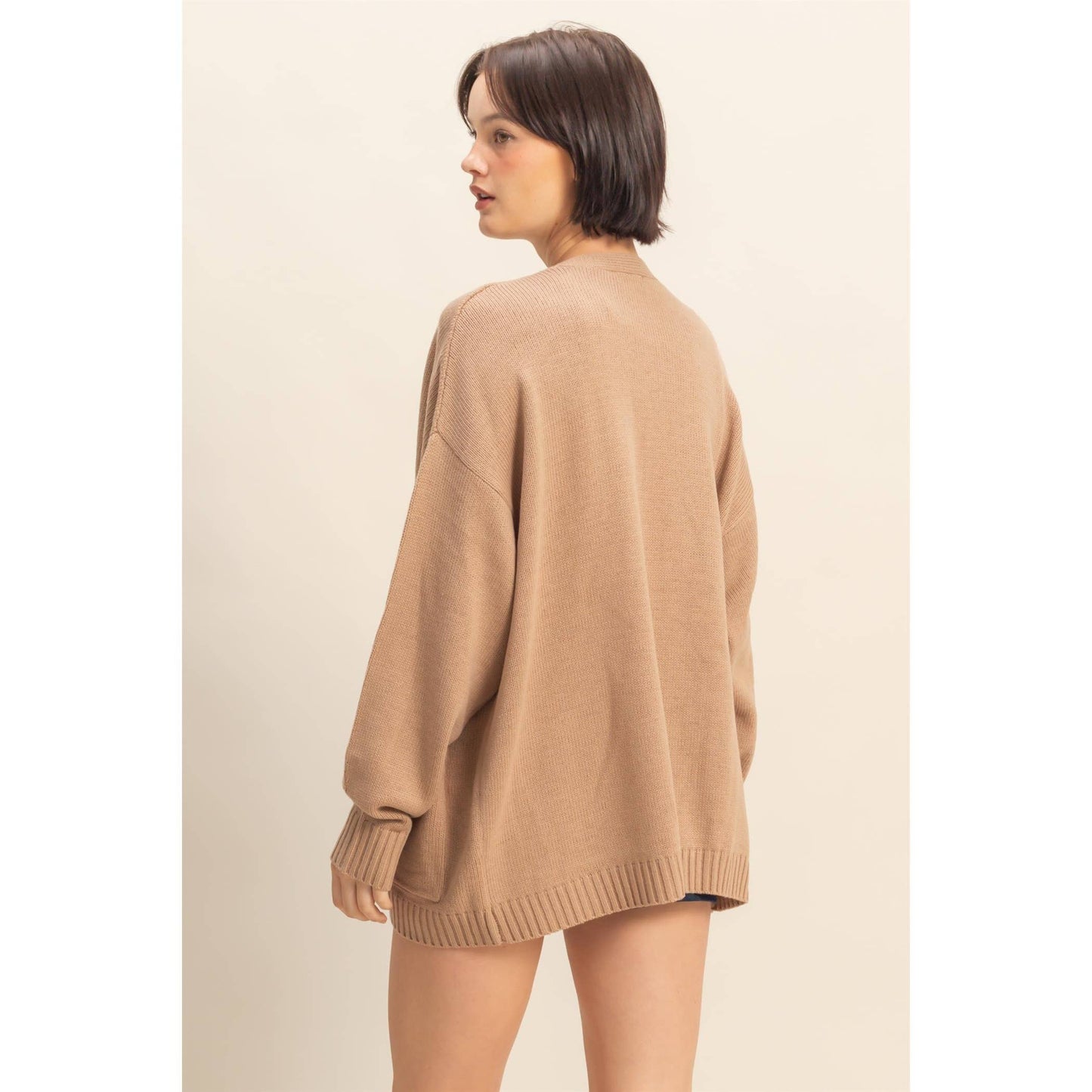 Oversized Open-Front Cardigan Sweater With Pockets: RED / S-M-L(2-2-2)