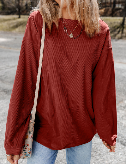 Orange Long Sleeve Ribbed Corded Oversized Sweatshirt: Orange / 100%Polyester / 2XL