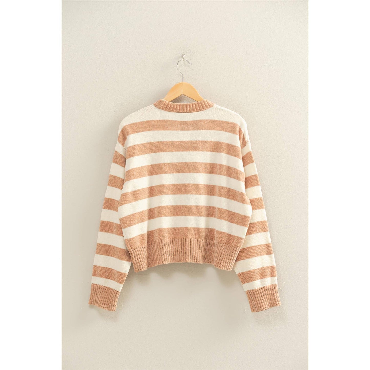 Striped Sweater With Ribbed Edge: DEEP GREEN/WHIP CREAM / S-M-L(2-2-2)