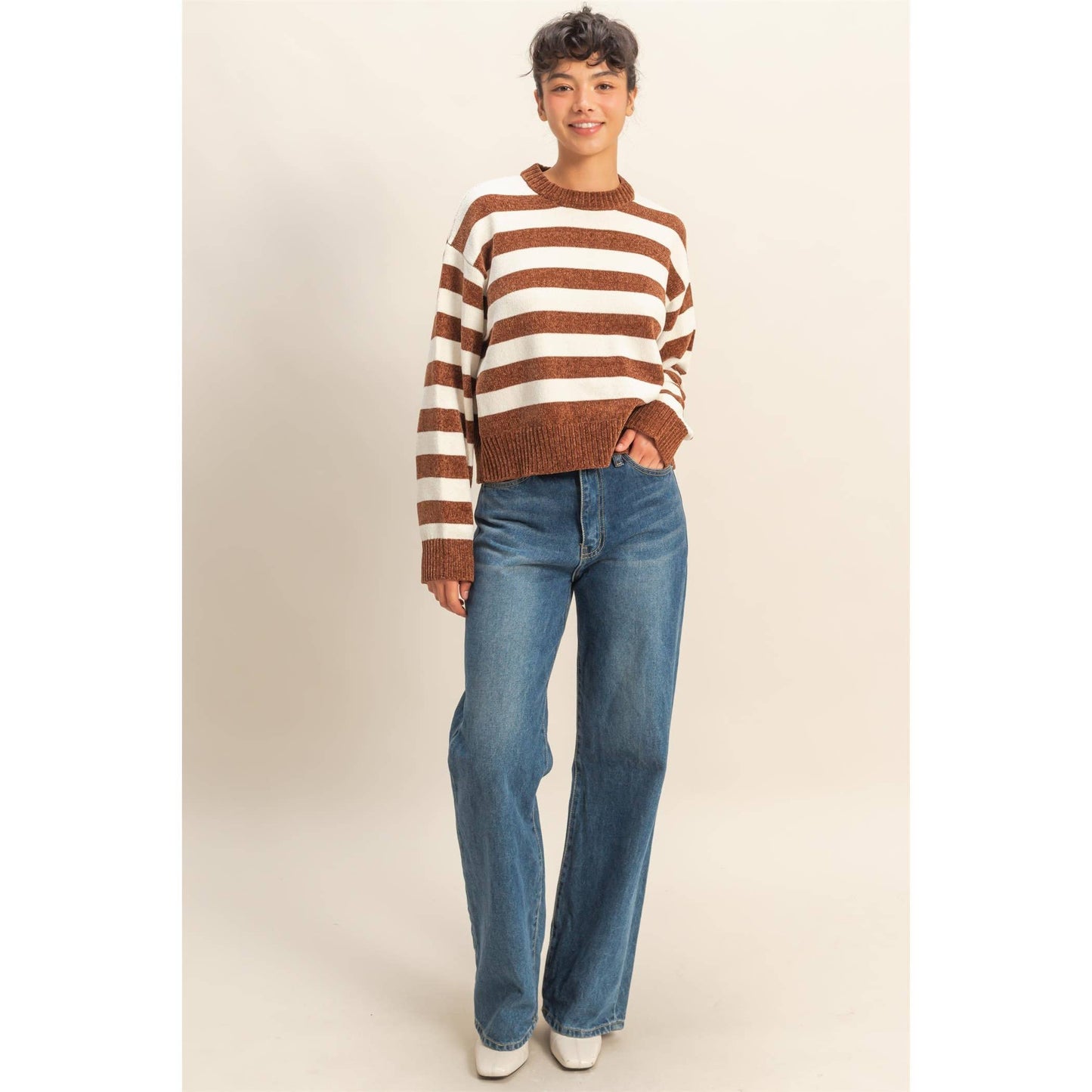 Striped Sweater With Ribbed Edge: DEEP GREEN/WHIP CREAM / S-M-L(2-2-2)