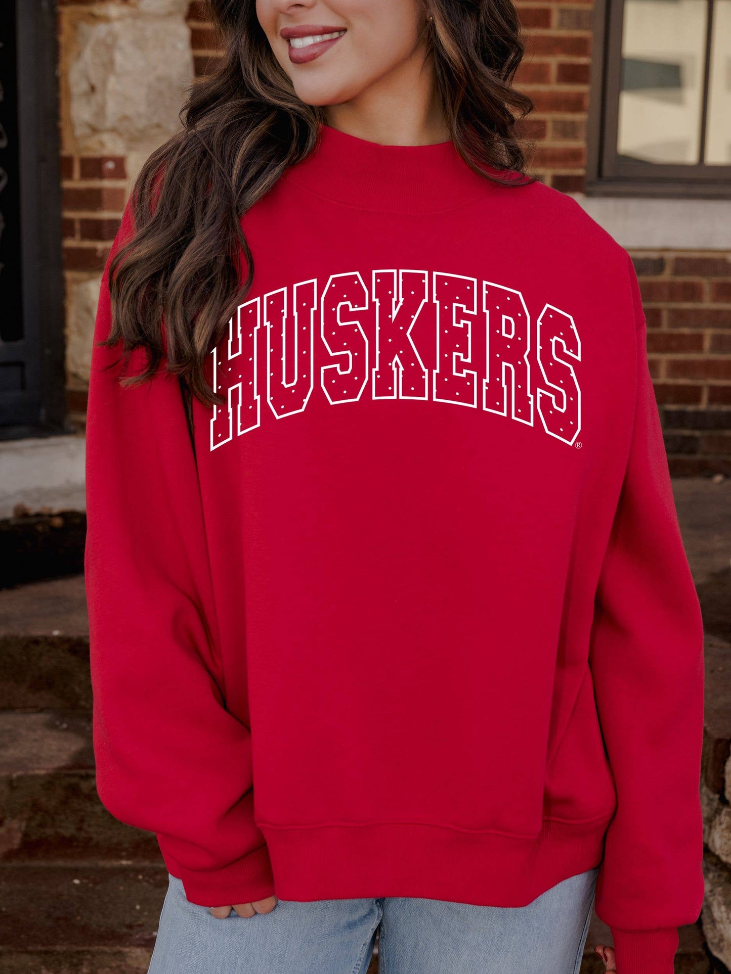 Nebraska Huskers Polka Dot Puff Wknd Mock Neck Sweatshirt: L/XL