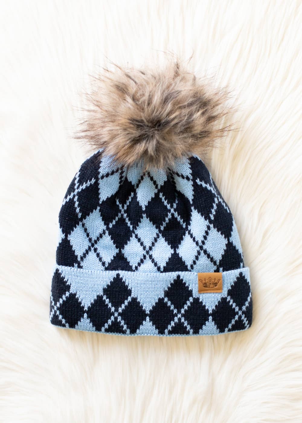 Blue & Navy Argyle Pattern Pom Hat