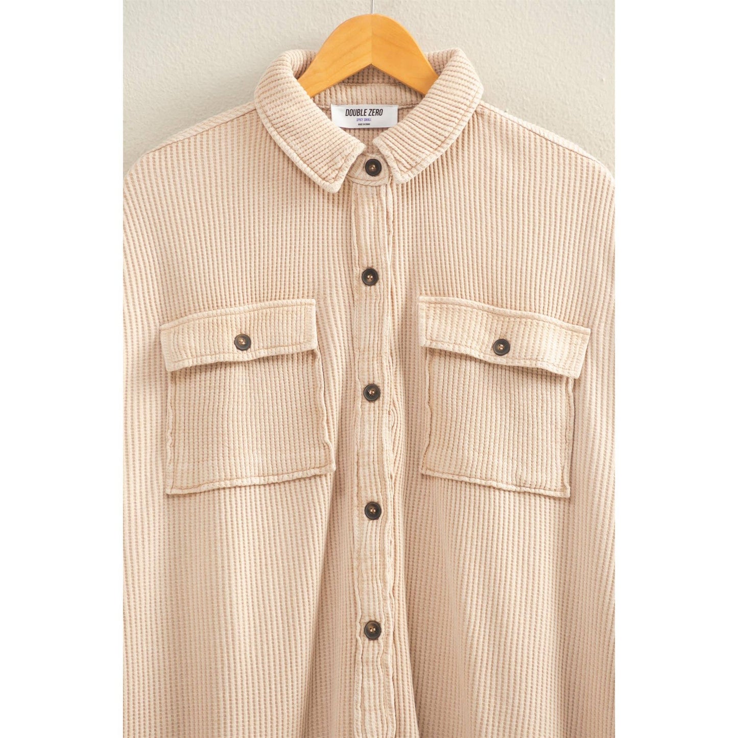 Oversized Mineral Washed Waffle Button Up Shacket: DEEP GREEN / S-M-L(2-2-2)