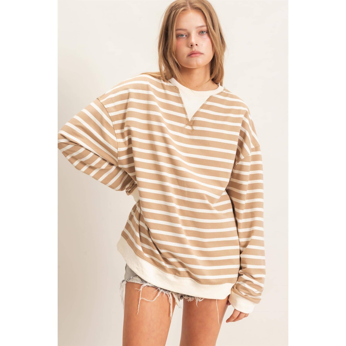 Striped Long Sleeve Pullover: GREEN/CREAM / S-M-L(2-2-2)