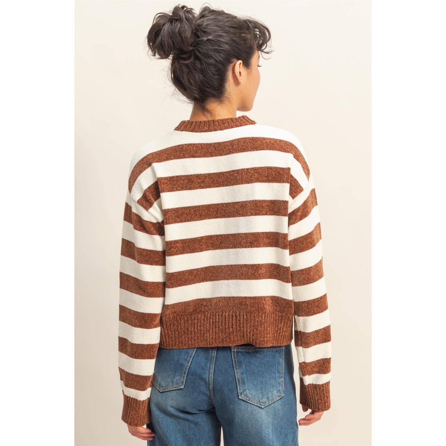 Striped Sweater With Ribbed Edge: DEEP GREEN/WHIP CREAM / S-M-L(2-2-2)