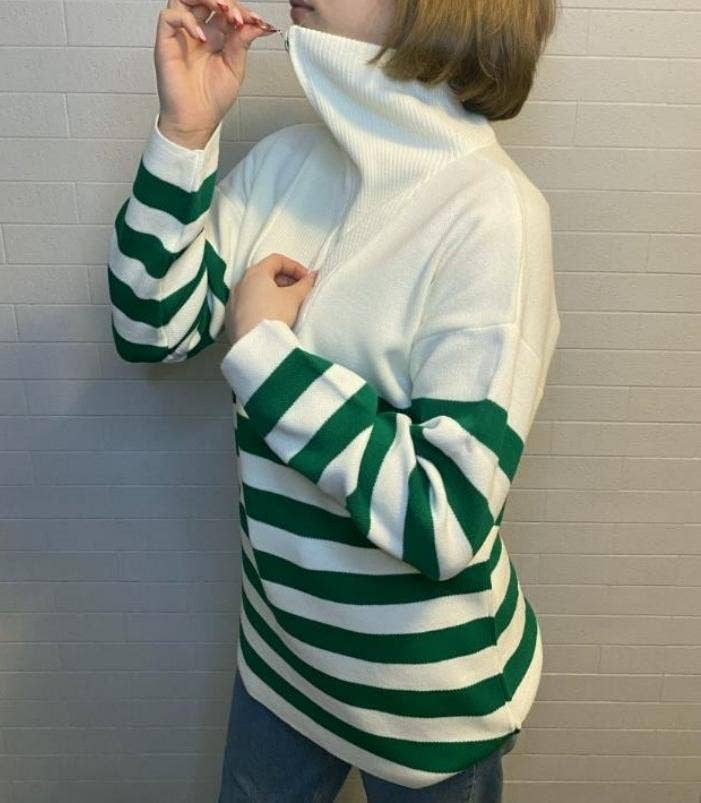 Half-zip striped sweater knit turtleneck sweatshirt