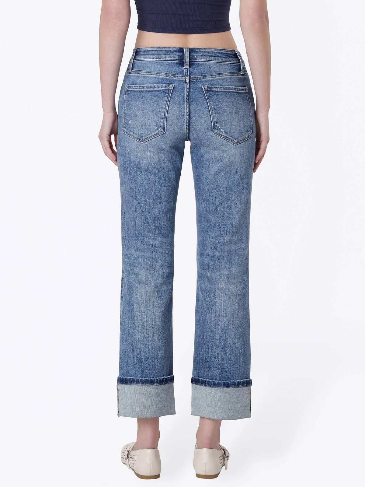 MID RISE DISTRESSED CUFFED CROP STRAIGHT JEANS
