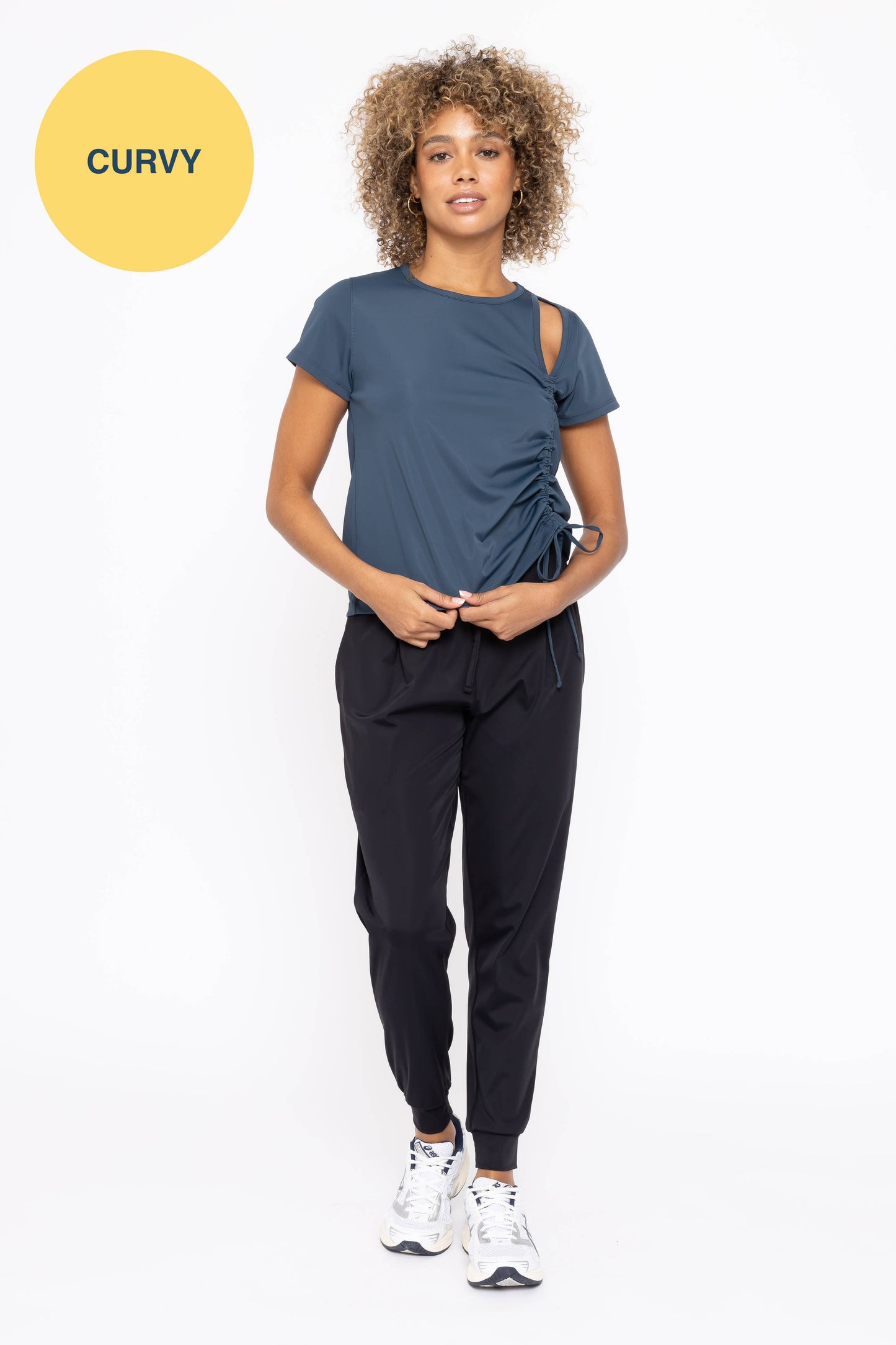 CURVY Solid Pleated Front Joggers: BLACK