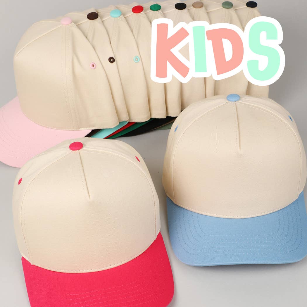 Kids Plain Two Tone Canvas Cotton Baseball Cap : Red / ONE SIZE