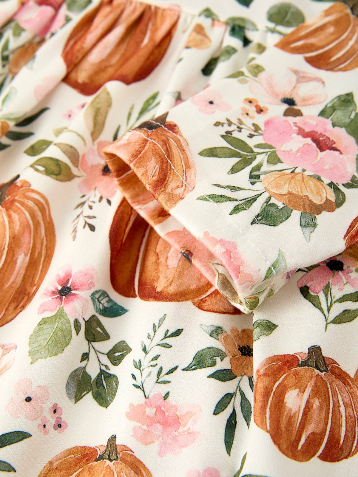 Fall Thanksgiving & Halloween Pumpkin Floral Print Long Sleeve Dress(2pcs): 1/2Y