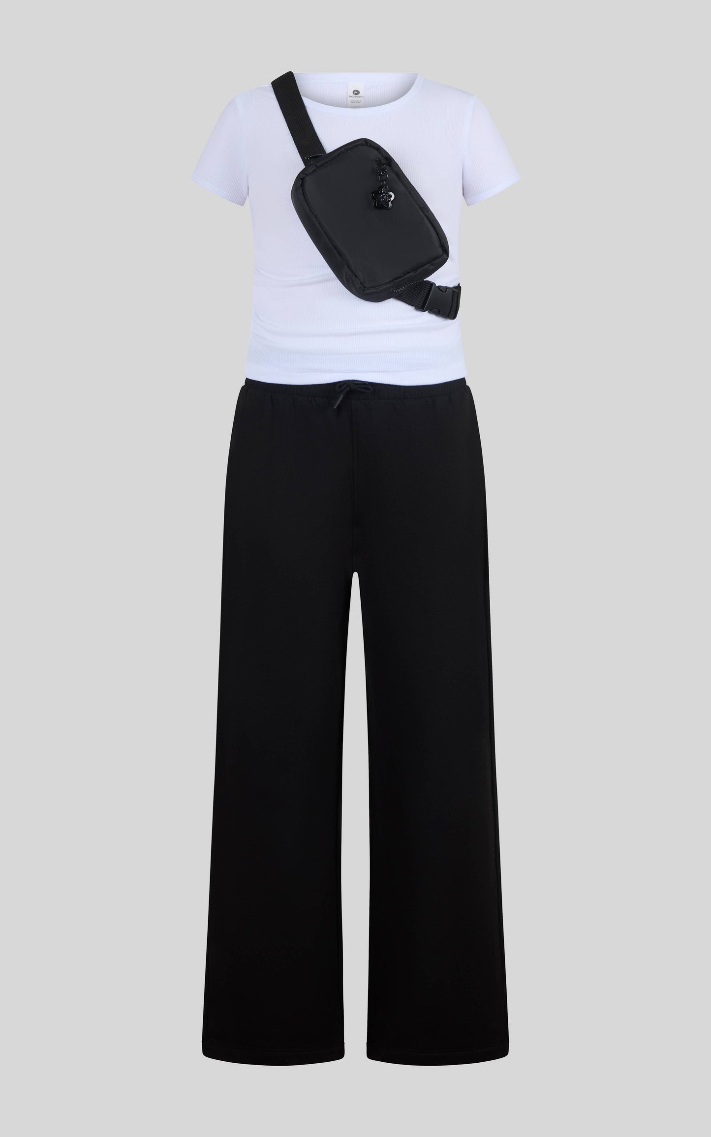 Tween Girls Rib T Shirts with Side Ruching and Wide Pant Set: WHITE/HTR.LT.GREY