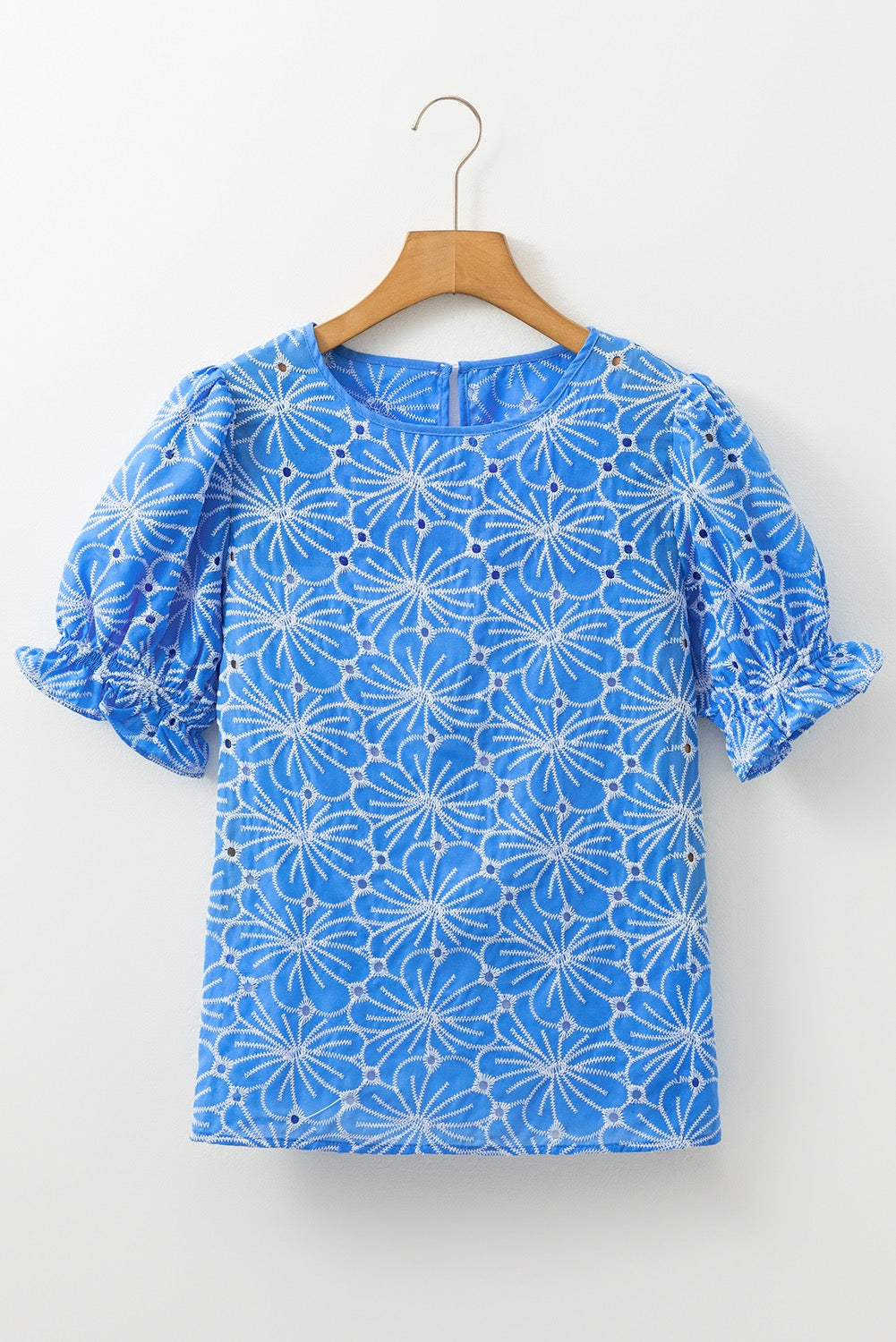 Sky Blue Eyelet Flower Embroidery Blouse