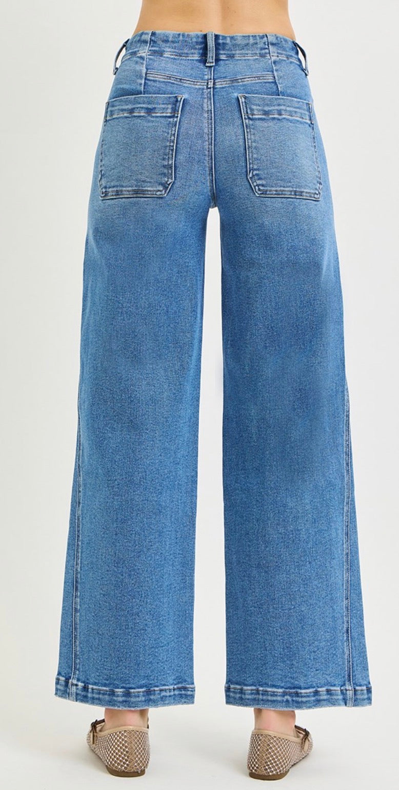 RISEN JEANS TUMMY CONTROL MID RISE ANKLE WIDE SEAM DETAIL JEANS