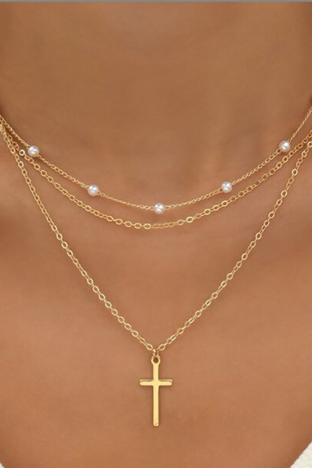 Gold Cross Pearl Layer Necklace