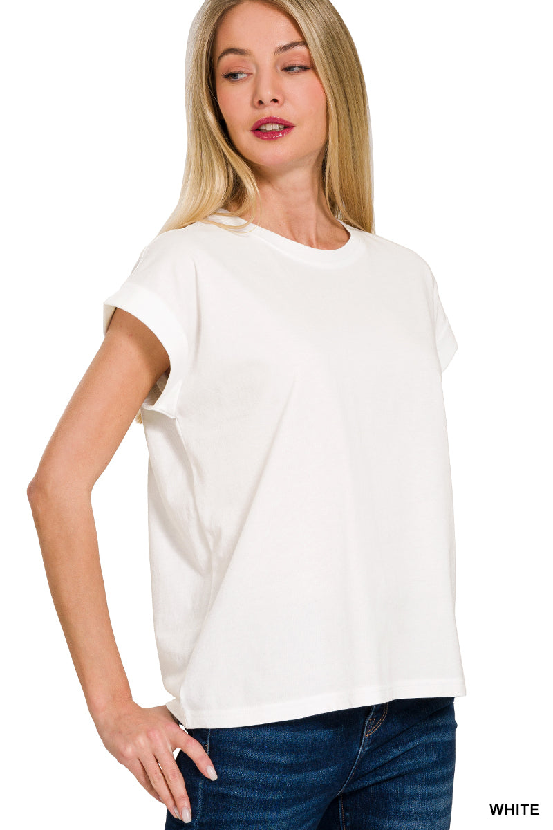 Round neck folded short sleeve t-shirt