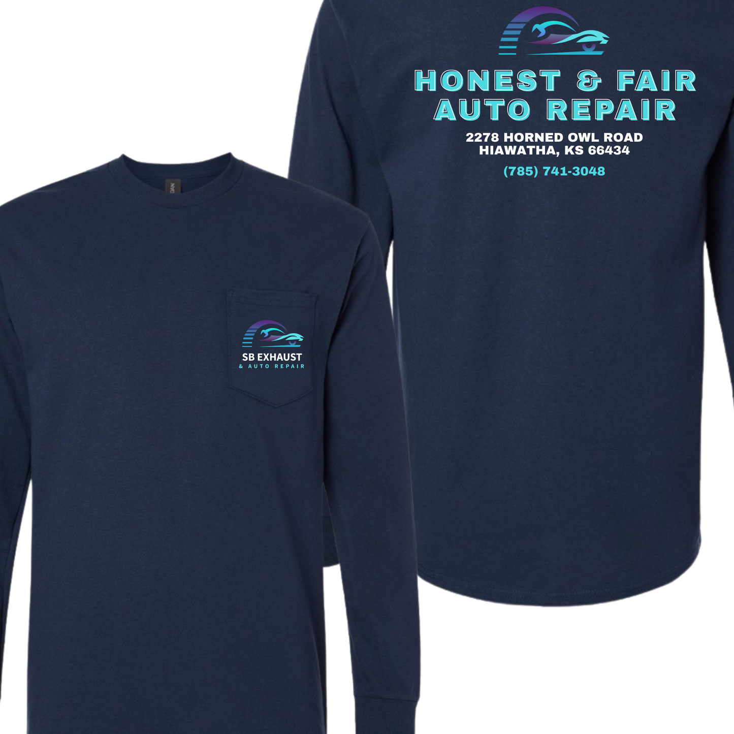 SB Exhaust Auto Repair Long Sleeve Pocket Tees