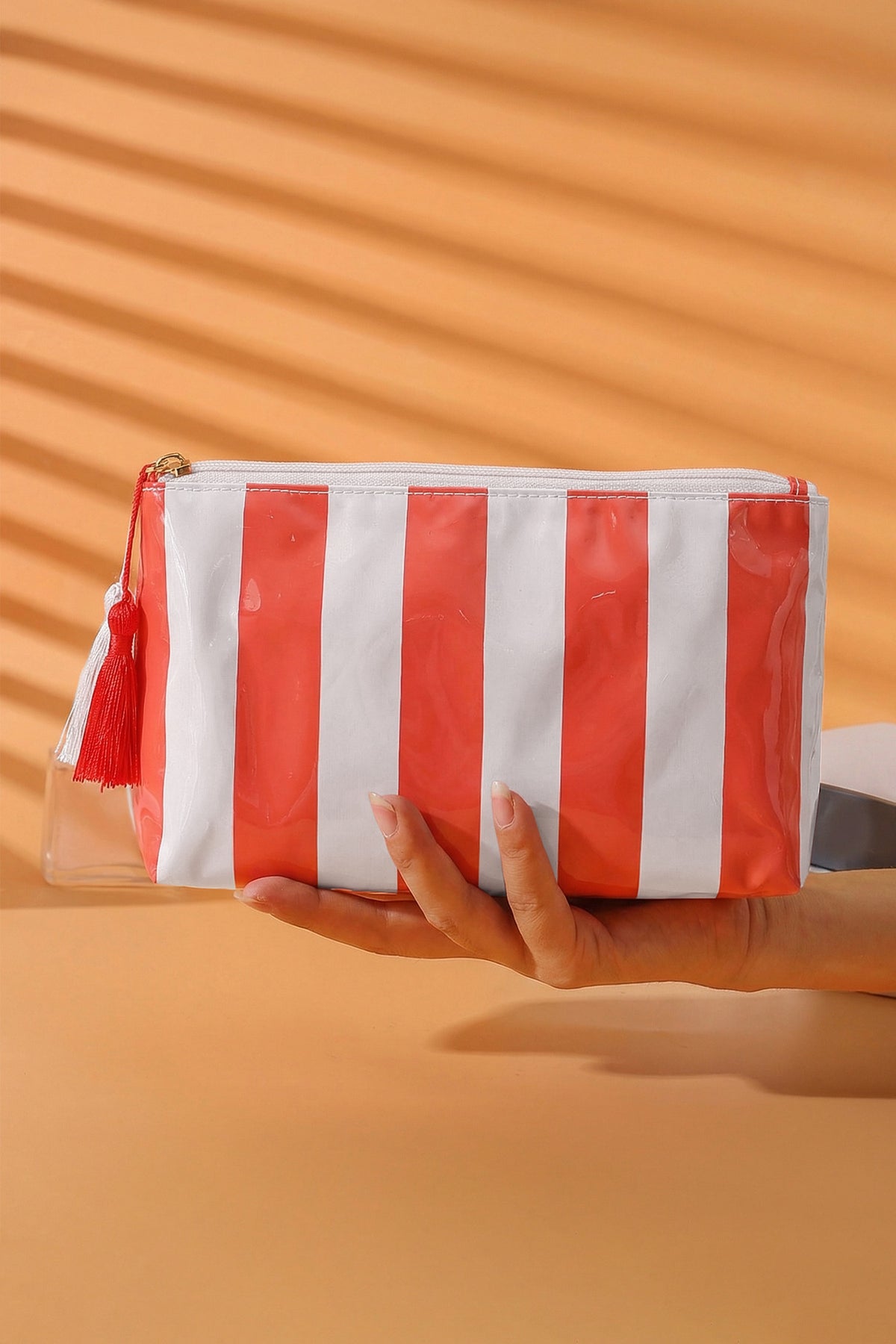 Striped Vinyl Waterproof Tassel Zipper Makeup Bag