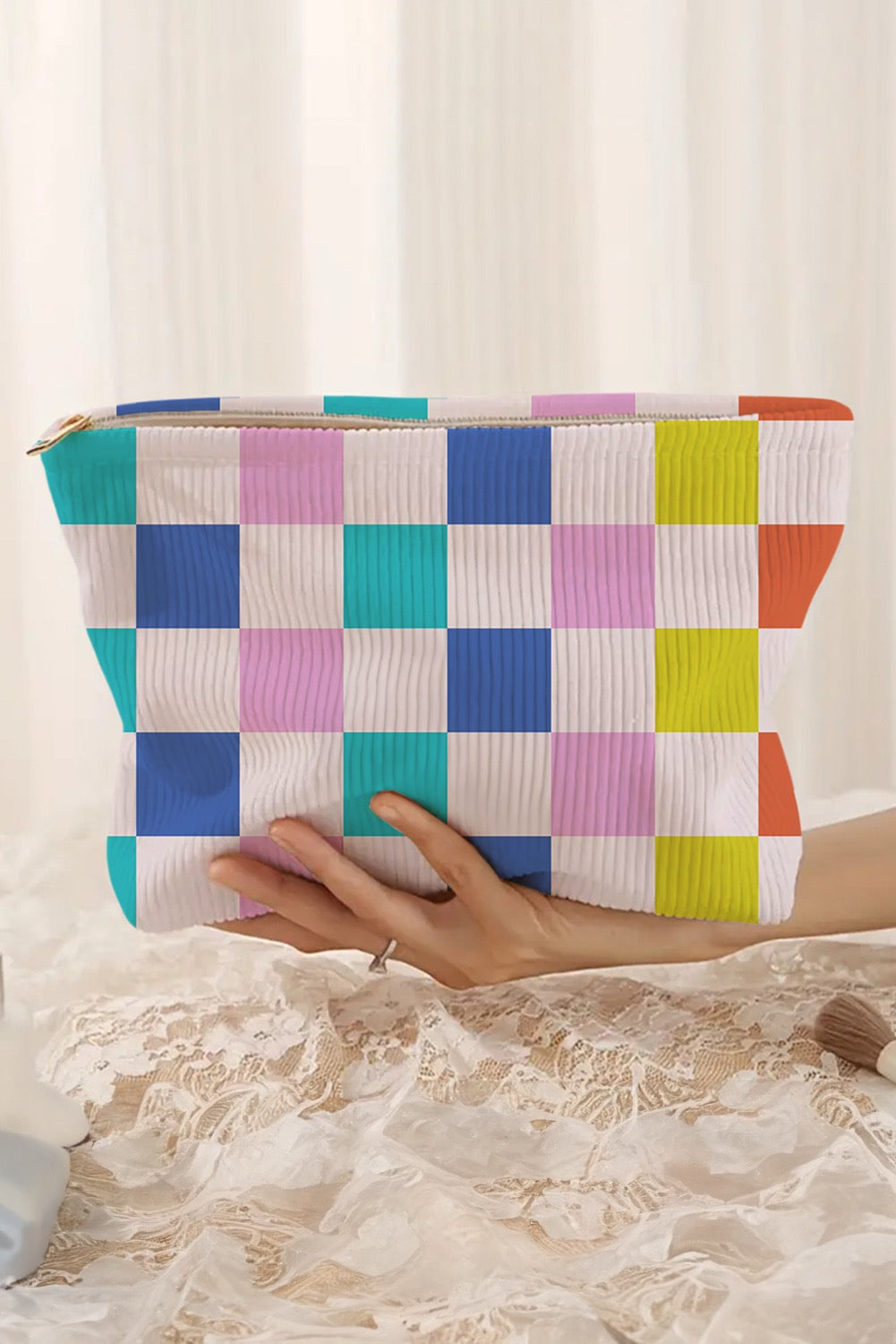 Pink Checkered Cosmetic Bag