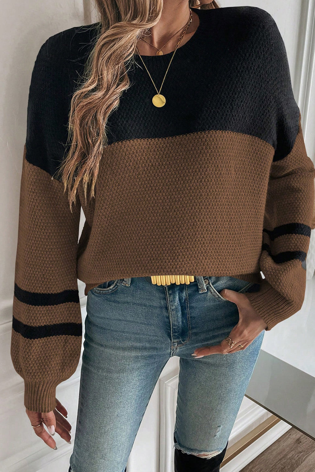 Dark Brown Knit Striped Sweater