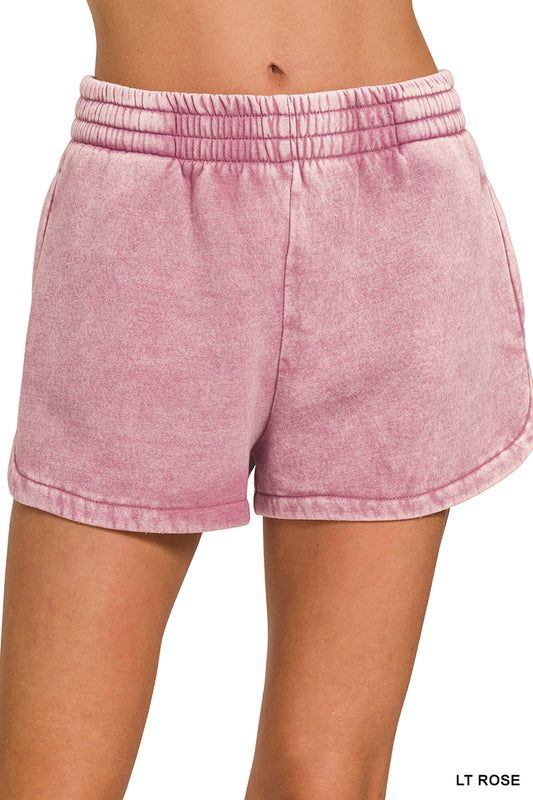 Acid Washed Elastic Waistband Dolphin Shorts - Lt Rose