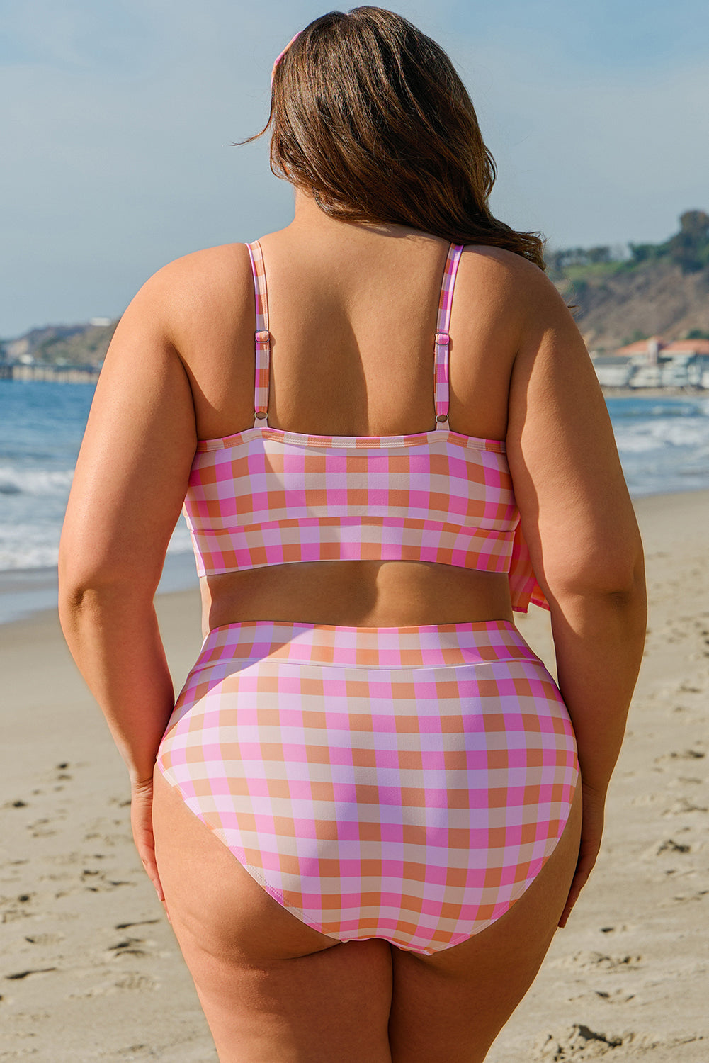 Pink Plaid High Waist Bikini Plus
