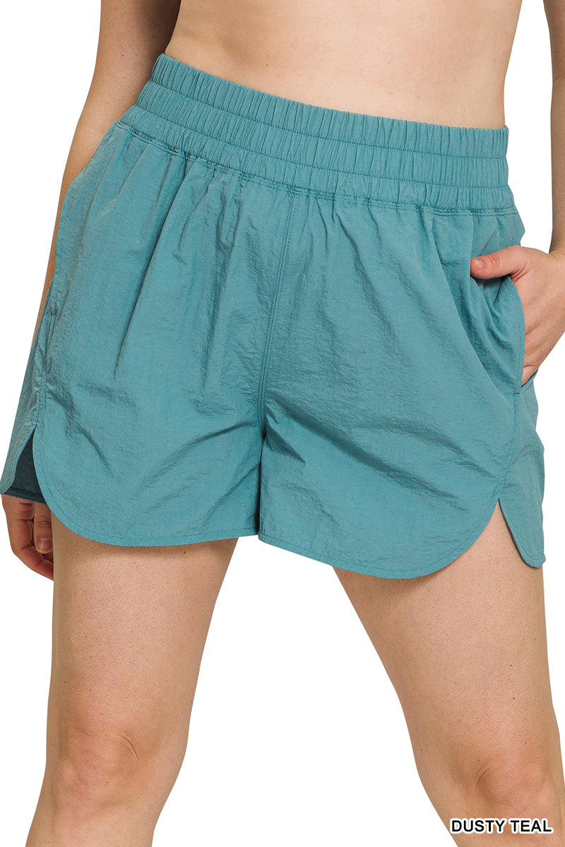 Plus Windbreaker Smocked Waistband Running Shorts - Dusty Teal