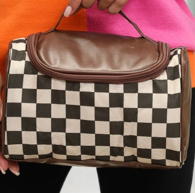 checkered leather makeup bag