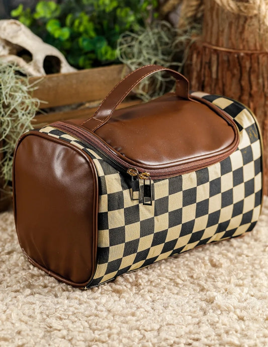 checkered leather makeup bag