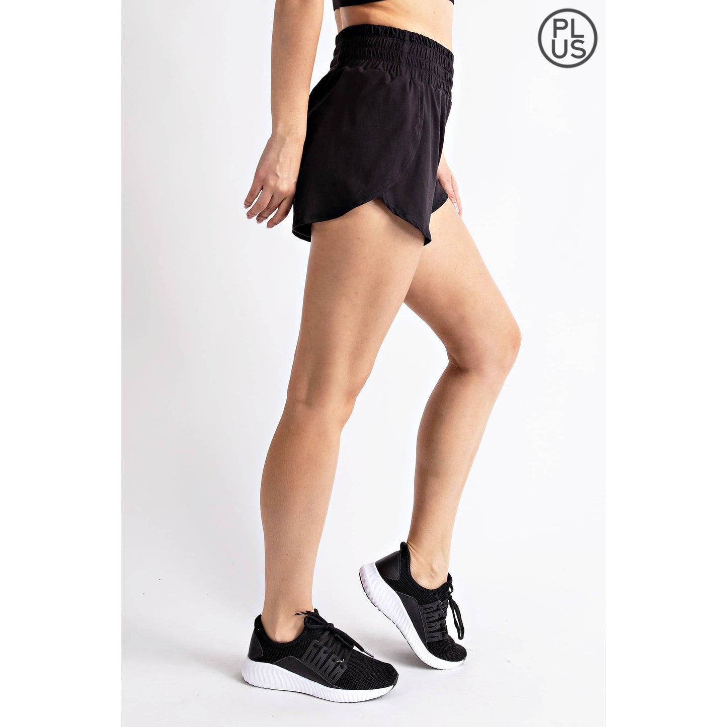 PLUS SIZE BUTTER FABRIC TRACK SHORTS: Black