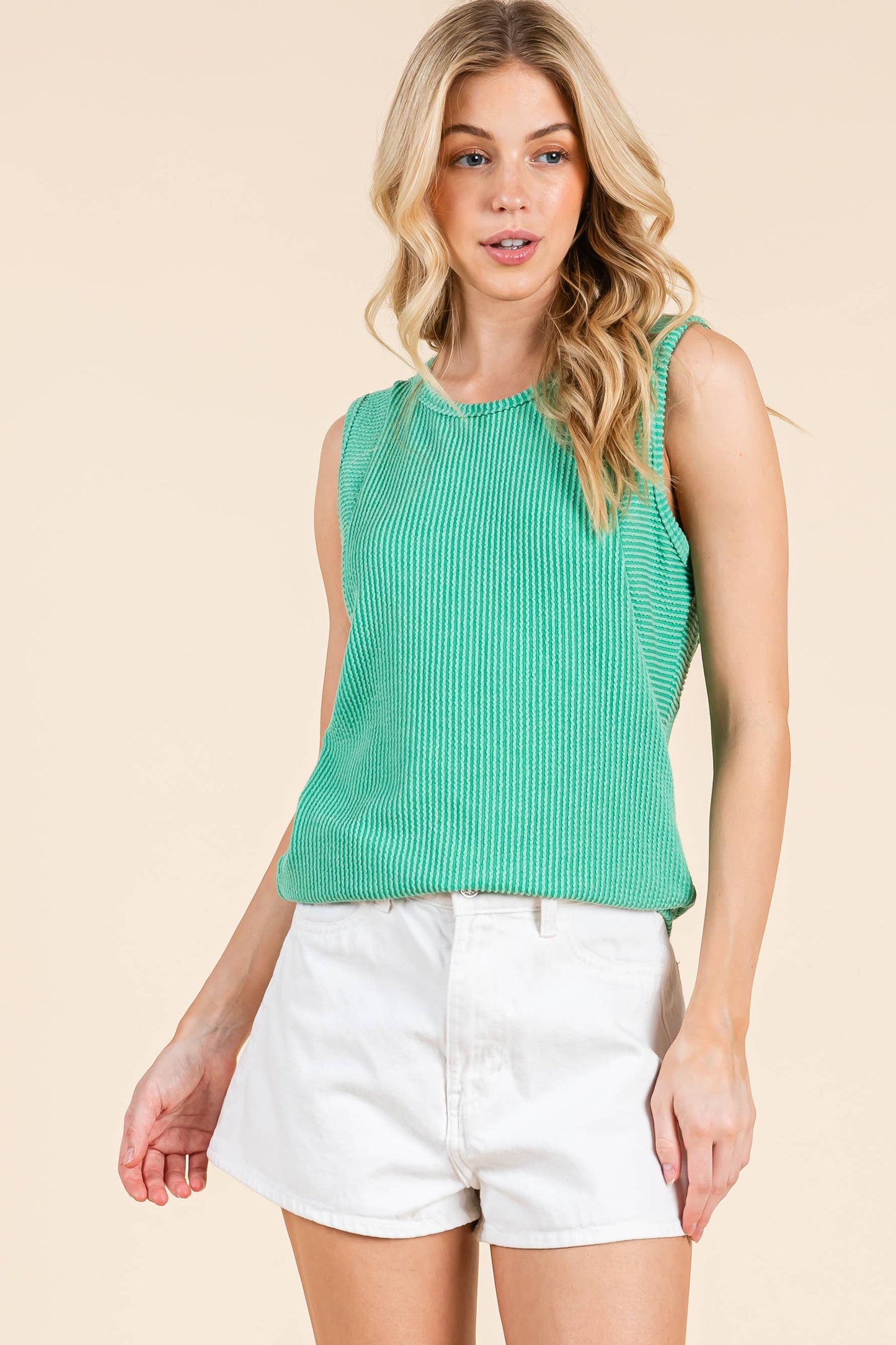 SLEEVELESS RIBBED KNIT TANK TOP: Green