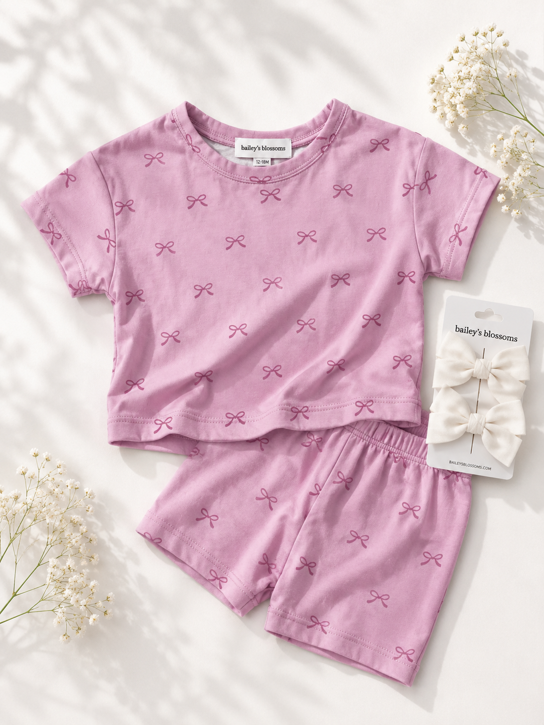 Quinn Two-Piece Lounge Set - Pink Bows: 0-3months