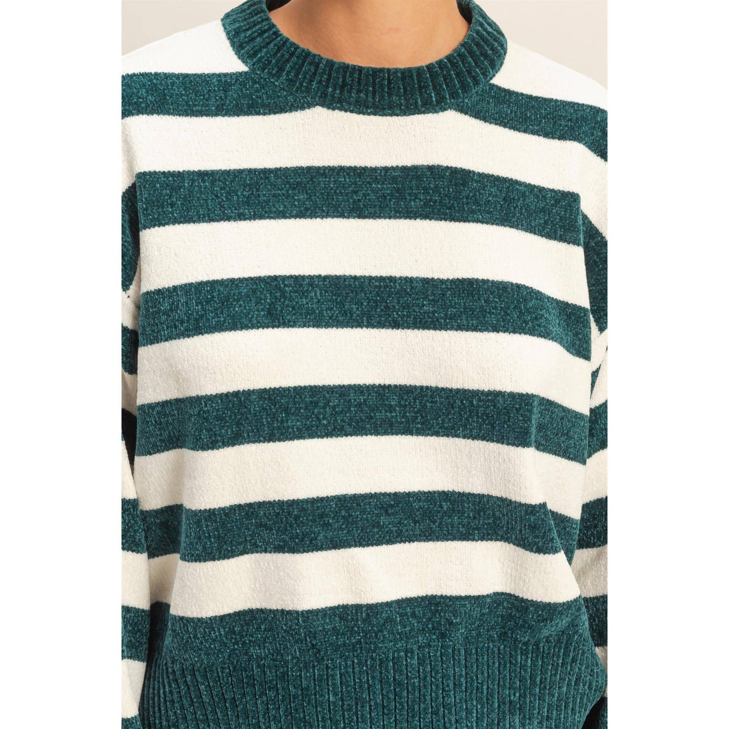 Striped Sweater With Ribbed Edge: DEEP GREEN/WHIP CREAM / S-M-L(2-2-2)