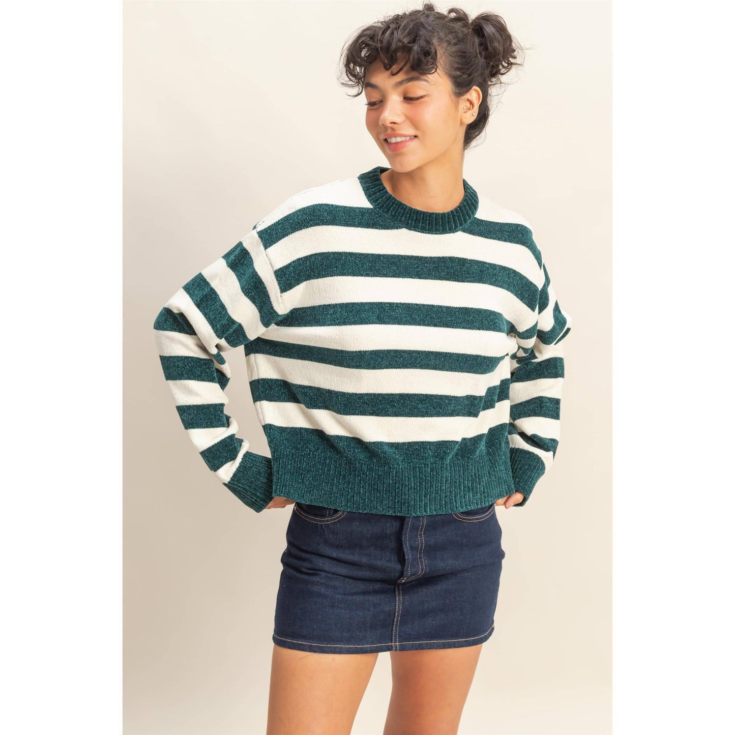 Striped Sweater With Ribbed Edge: DEEP GREEN/WHIP CREAM / S-M-L(2-2-2)