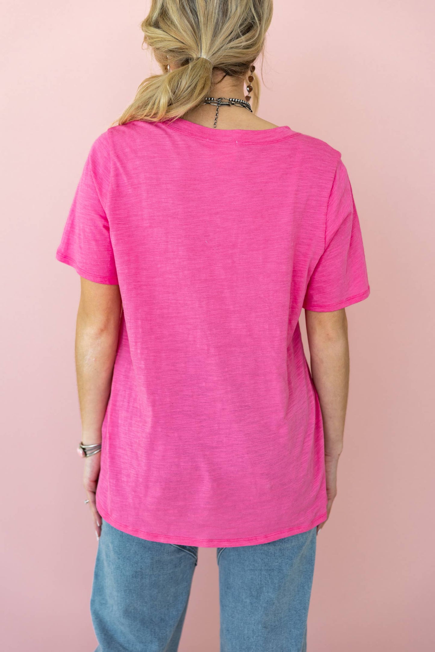 Casual Basic Cotton V Neck Short Sleeve: HOT PINK / S