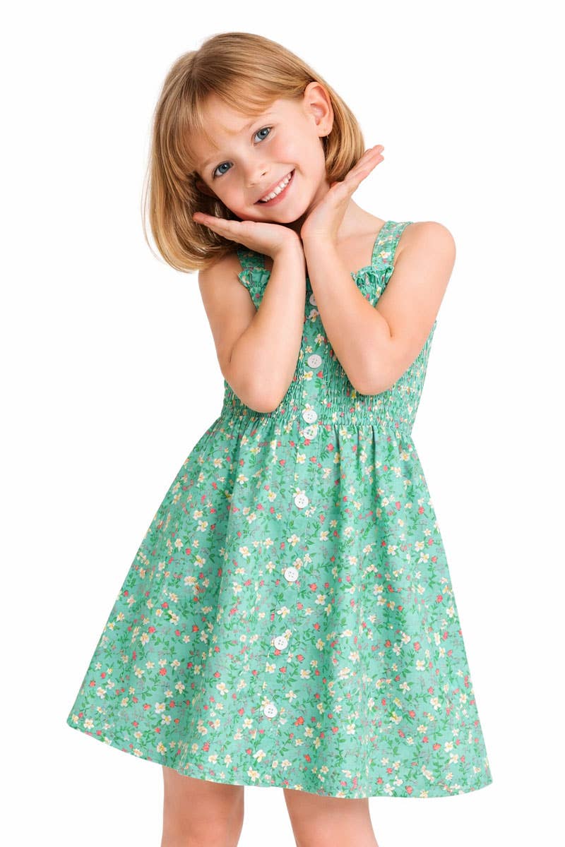 Girl's Floral Dress w/ Smocking & Buttons