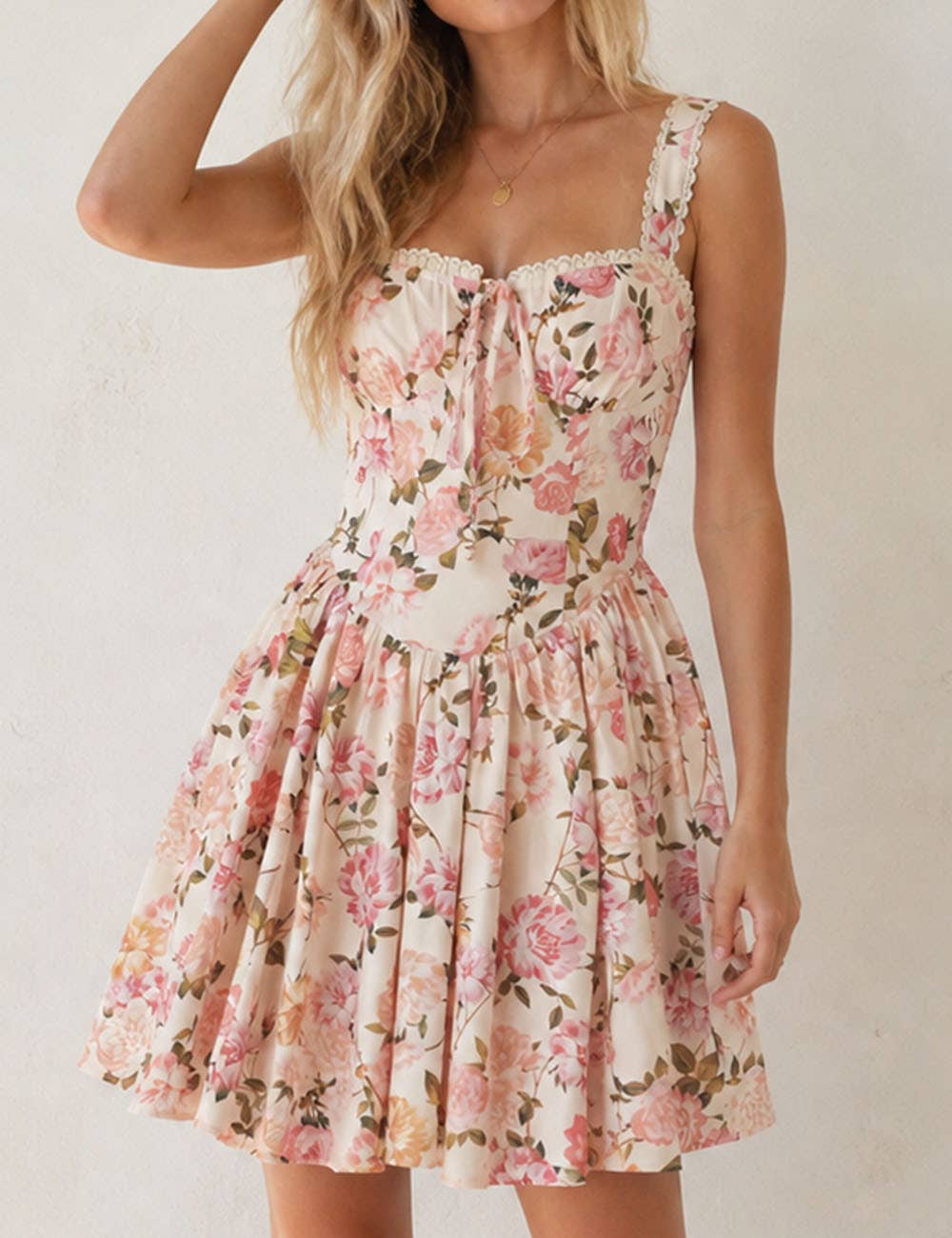 Ladies Boho Floral Square Neck Lace Trim Ruched Mini Dress: Light Yellow / L
