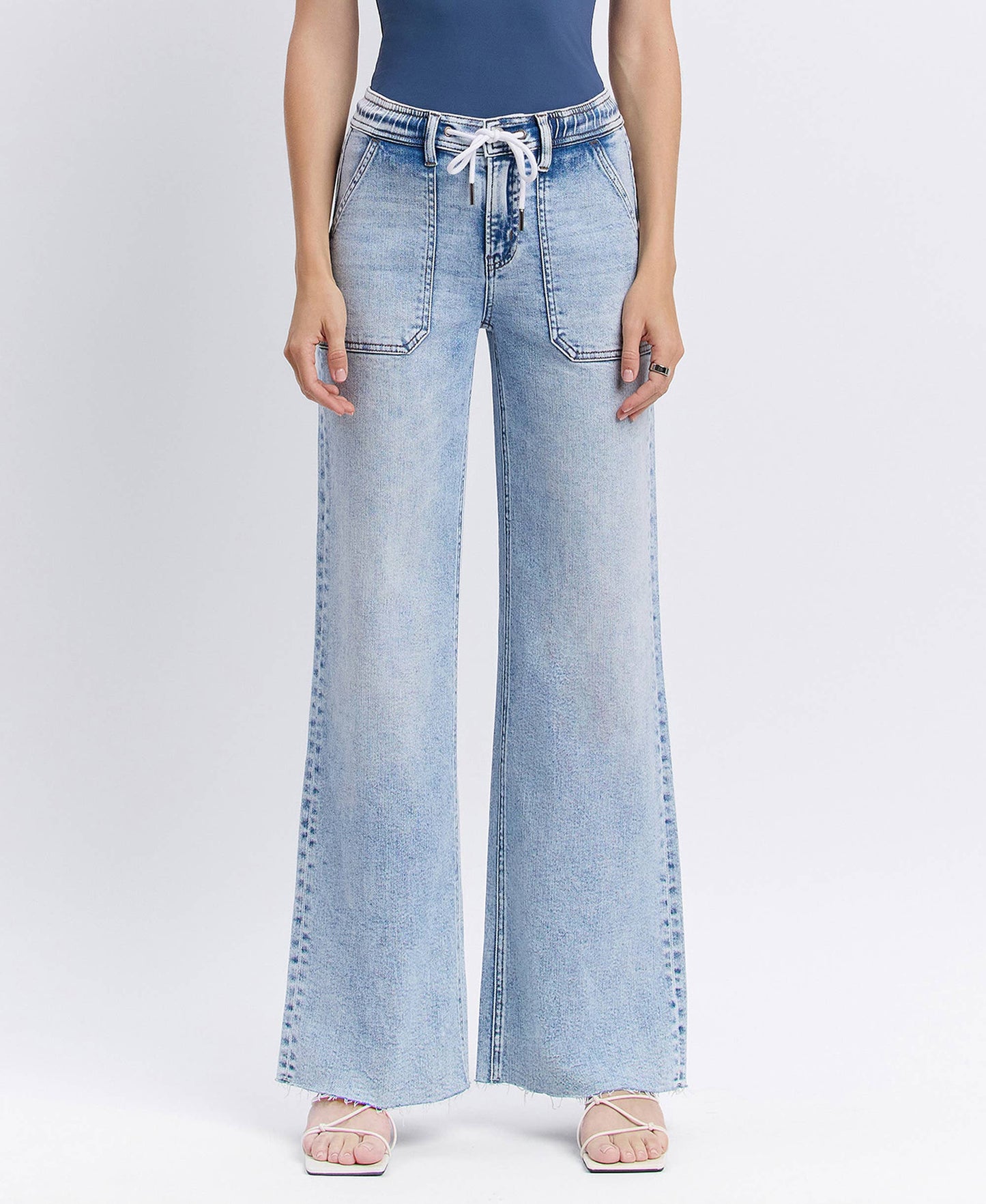 HIGH RISE DRAWSTRING WAISTBAND WIDE LEG JEANS F6065: CLEARLY / 26