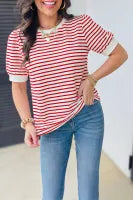 Stripe Short Puff Sleeve Tee