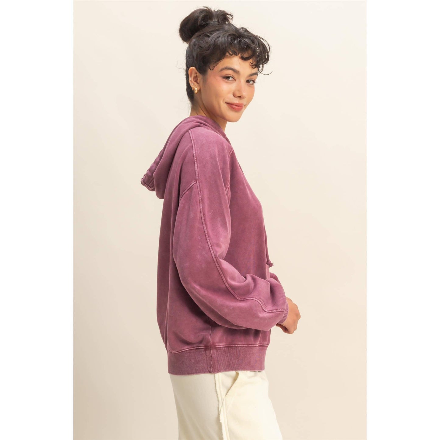 Mineral Washed Seam Detail Hoodie: CREAM