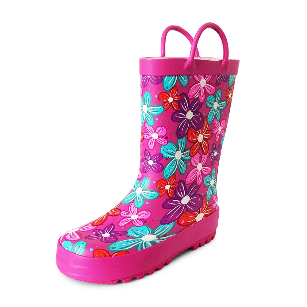 Norty Little Kids Girl's Waterproof Rubber Rain Boot 42303: Matte Pink Flowers / 3 Little Kid