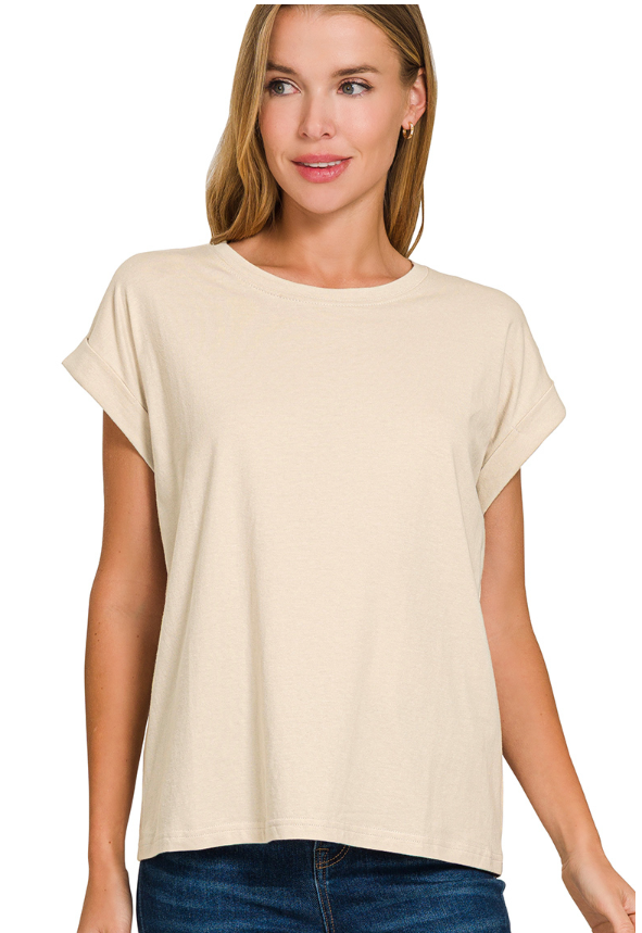 Round neck folded short sleeve t-shirt
