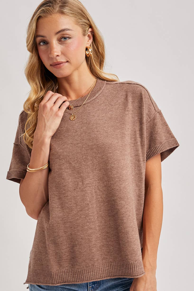 CREW NECK KNIT T-SHIRT: MOCHA