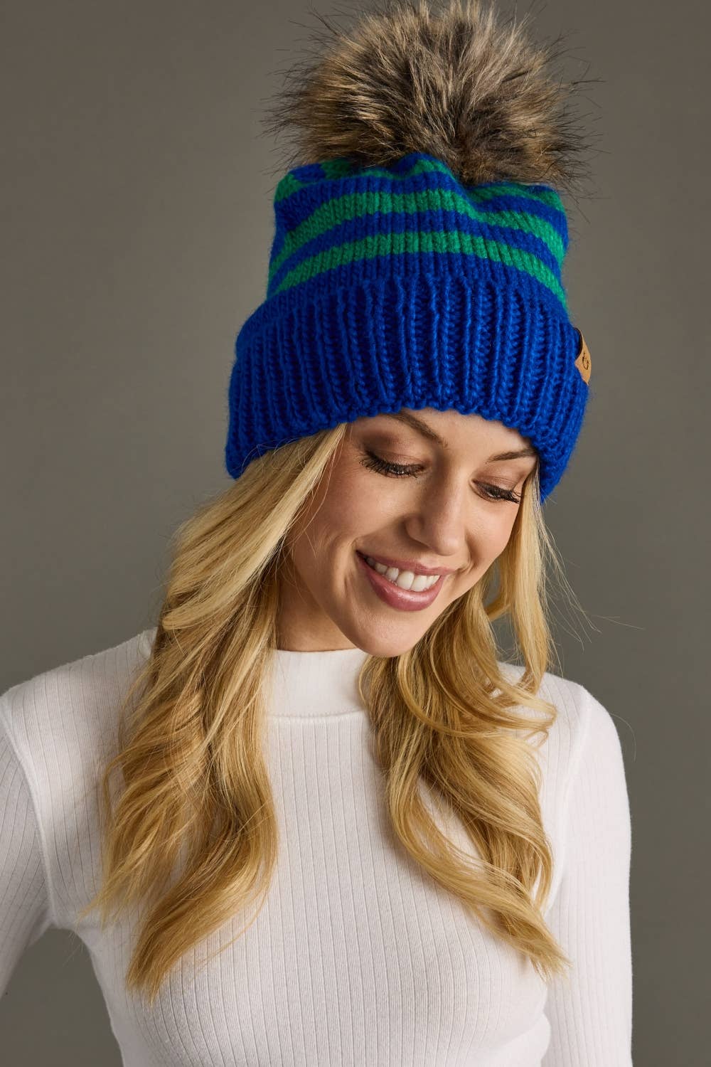 Royal Blue & Green Striped Pom Hat