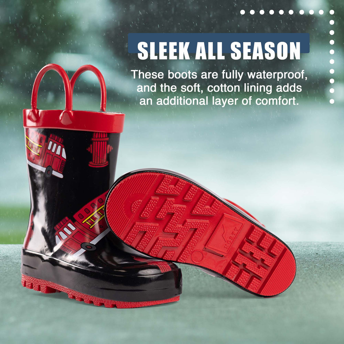 Norty New Waterproof Rain Boots - 40742 - Black Firetrucks: 1 Little Kid