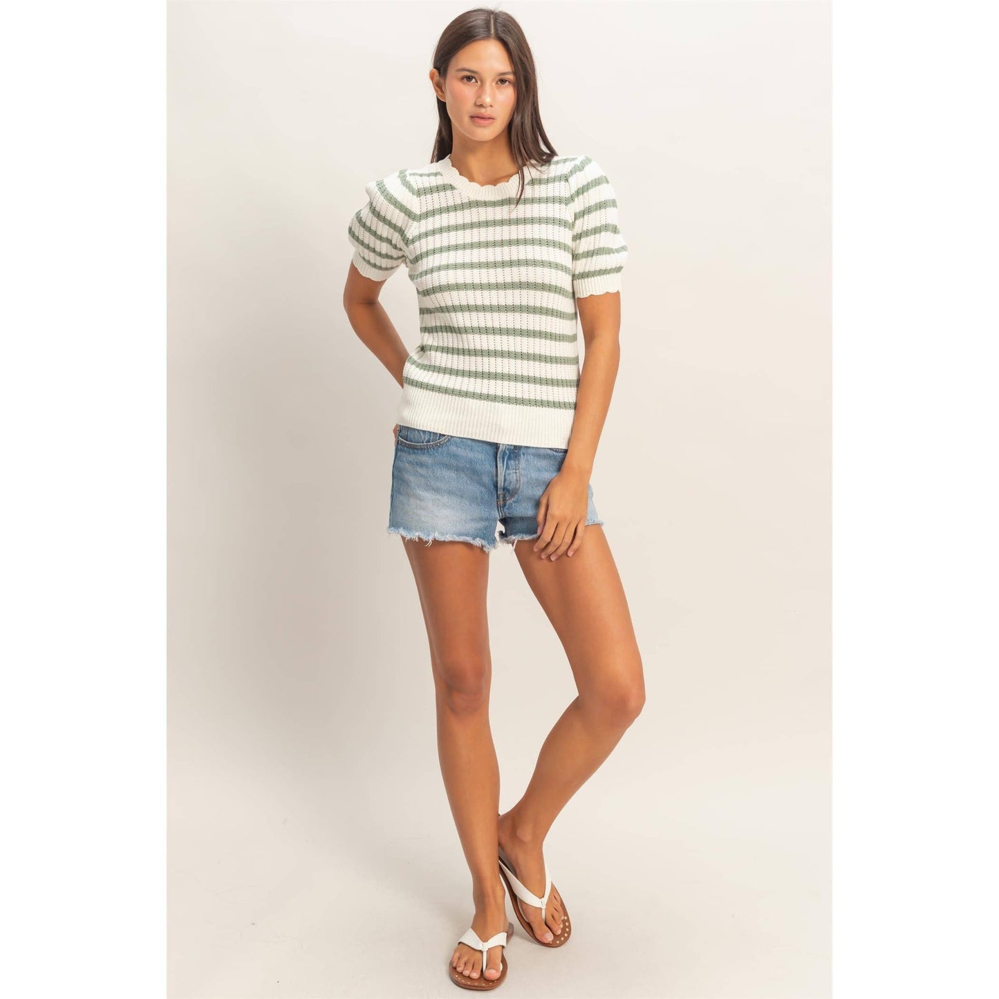 Striped Scallop Edge Puff Sleeve Knit Top: TAUPE / S-M-L(2-2-2)