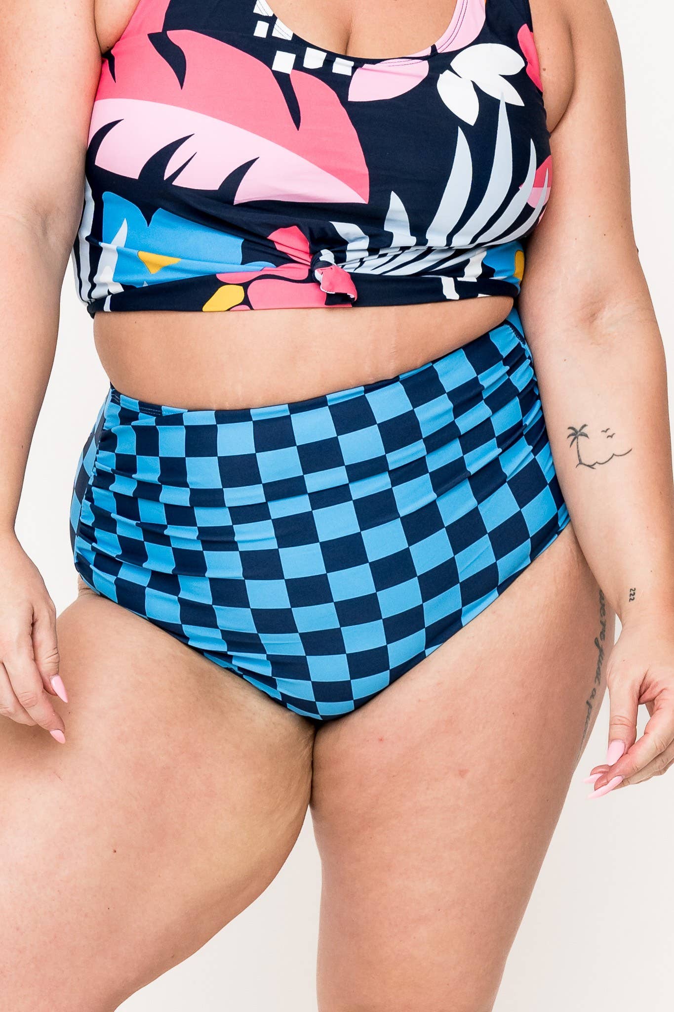 Blue Check HW Ruched Swim Bottoms