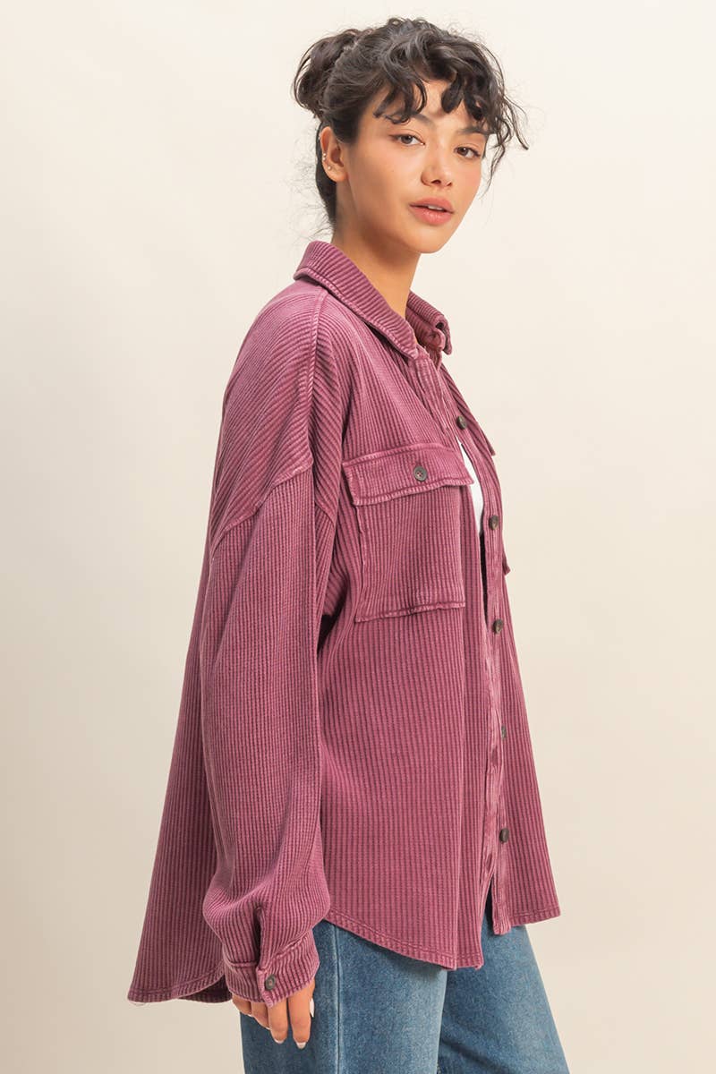 Oversized Mineral Washed Waffle Button Up Shacket: DEEP GREEN / S-M-L(2-2-2)