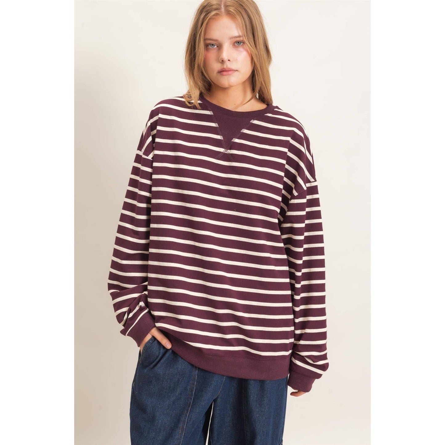 Striped Long Sleeve Pullover: GREEN/CREAM / S-M-L(2-2-2)