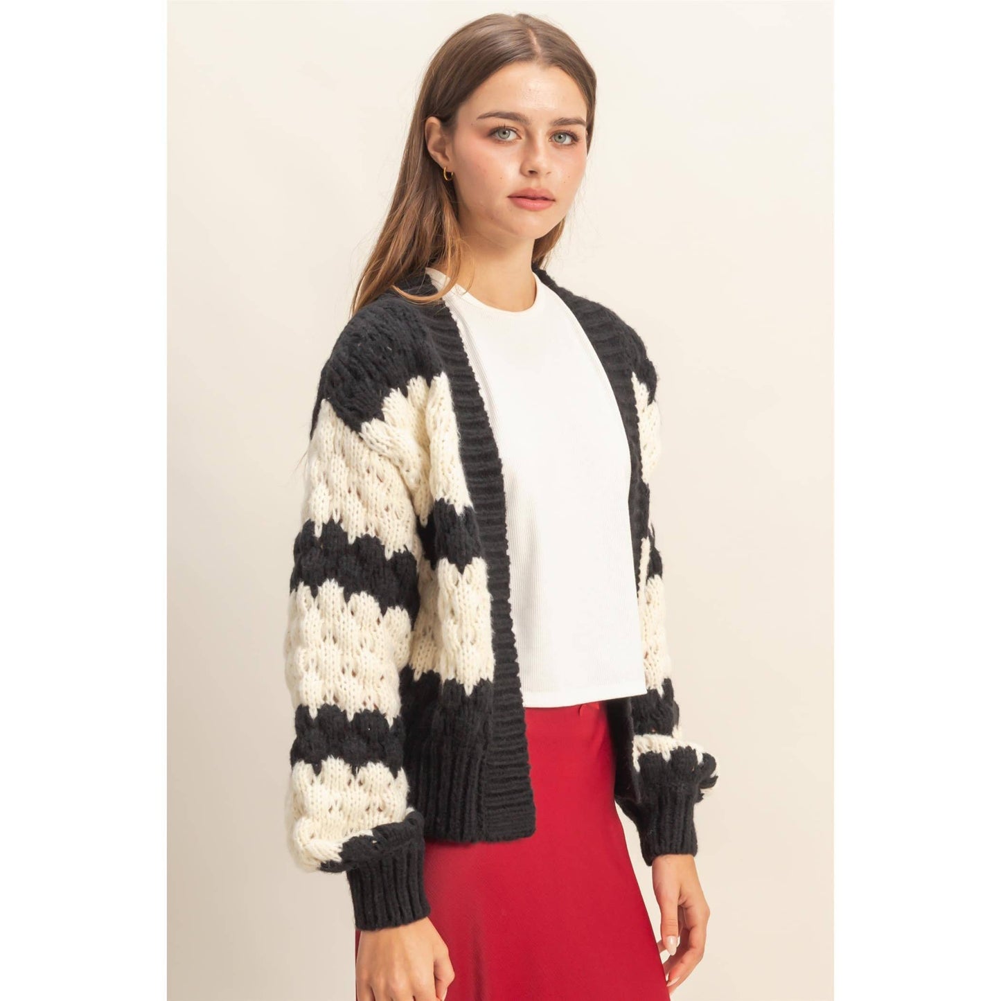 Oversized Cloud Pattern Knit Cardigan: D.GREEN / S-M-L(2-2-2)