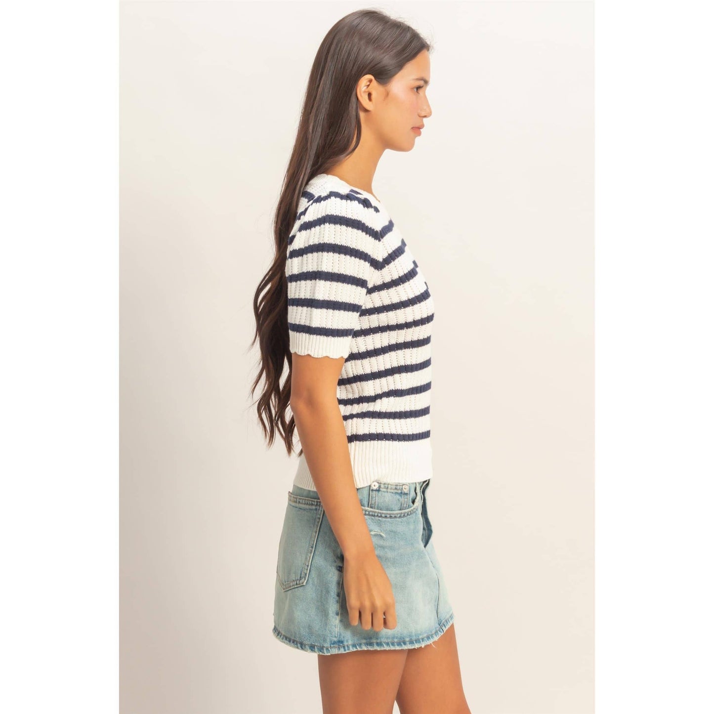Striped Scallop Edge Puff Sleeve Knit Top: TAUPE / S-M-L(2-2-2)